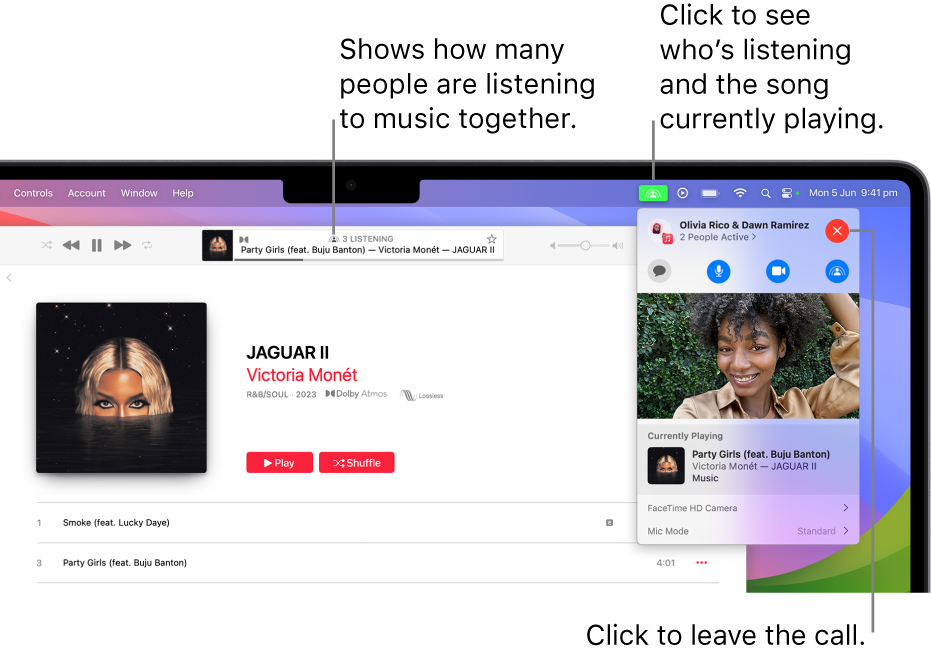 The Apple Music window with a song playing while using SharePlay. The playback window shows how many people are listening to music together. On the right, the SharePlay icon is clicked and you can see who’s listening and the song that’s currently playing. On the right, you can click the Close button.