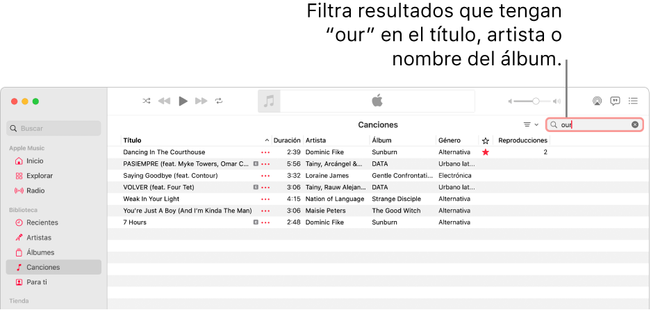 La ventana de Apple Music mostrando la lista de canciones que aparecen cuando se escribe “amor” en el campo de filtro en la esquina superior derecha. Las canciones en la lista incluyen la palabra “amor” en el título, el nombre del artista o el nombre del álbum.