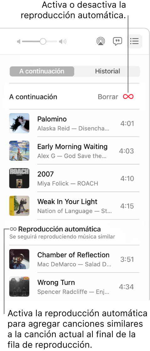 La cola “A continuación”. Haz clic en el botón de reproducción automática para activarla o desactivarla. Si está activada la reproducción automática, se añaden canciones similares al final de la cola.