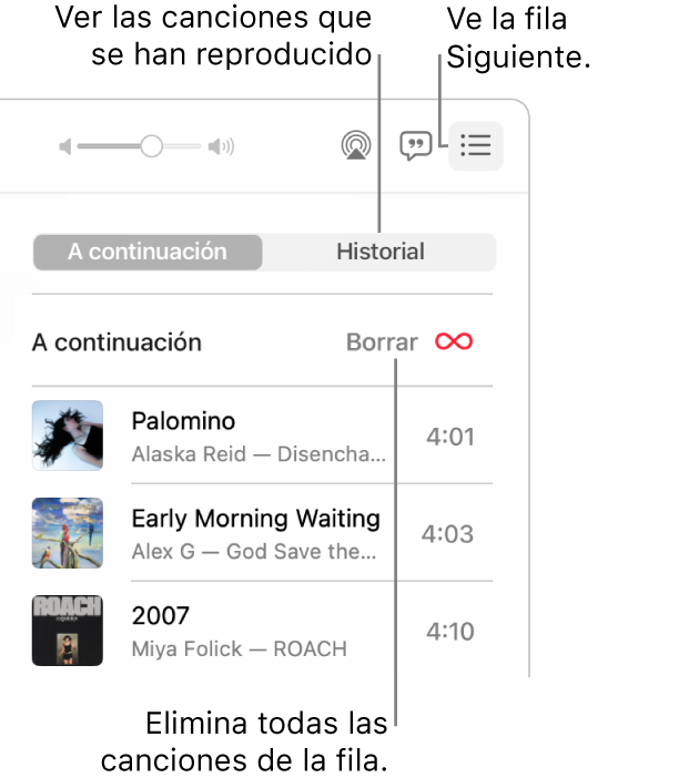 La esquina superior derecha de la ventana Música con el botón “A continuación” en la tira que muestra la cola “A continuación”. Haz clic en el enlace Historial, para mostrar las canciones que se han reproducido previamente. Haz clic en el enlace Borrar para eliminar todas las canciones de la cola.