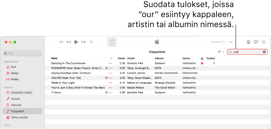 Apple Music -ikkuna, jossa on kappaleluettelo, joka tulee näkyviin, kun oikean yläkulman suodatinkenttään kirjoitetaan ”love”. Luettelon kappaleissa on sana ”love” kappaleen, artistin tai albumin nimessä.