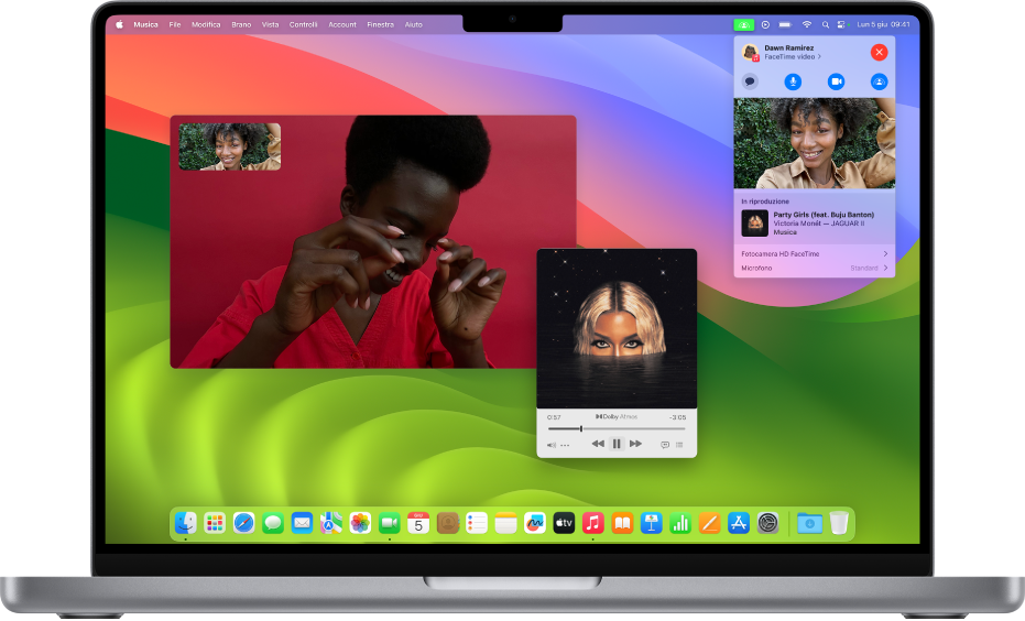 La finestra di FaceTime che mostra una chiamata con i partecipanti che utilizzano SharePlay per ascoltare un album insieme.