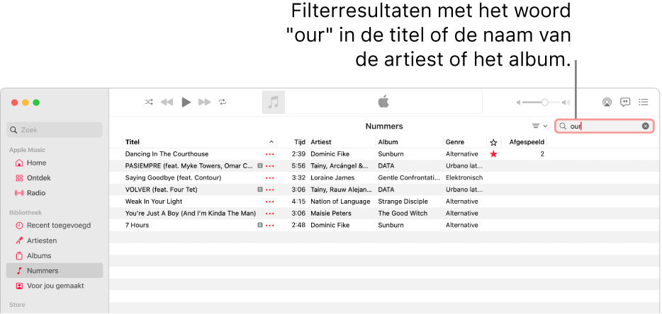 Het Muziek-venster met de lijst met nummers die worden weergegeven wanneer rechtsboven in het filterveld het woord "love" wordt getypt. De nummers in de lijst hebben het woord "love" in de titel of in de naam van de artiest of het album.