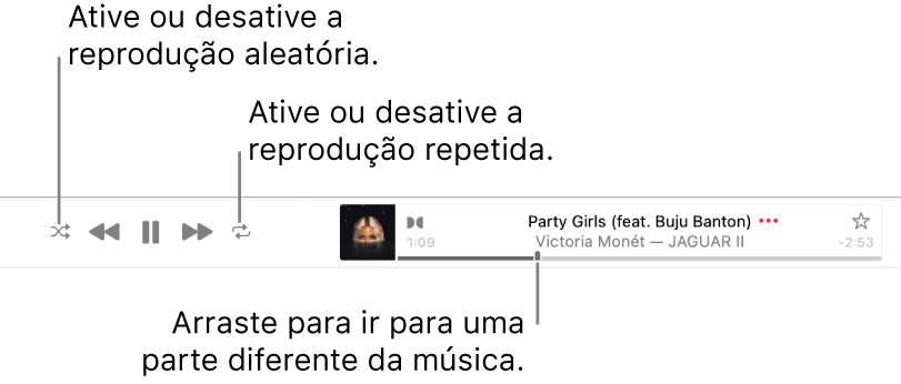 Banner com uma música sendo reproduzida. O botão Aleatório está no canto superior esquerdo; o botão Repetir está no canto superior direito. Arraste a barra de progressão para ir a outra parte da música.