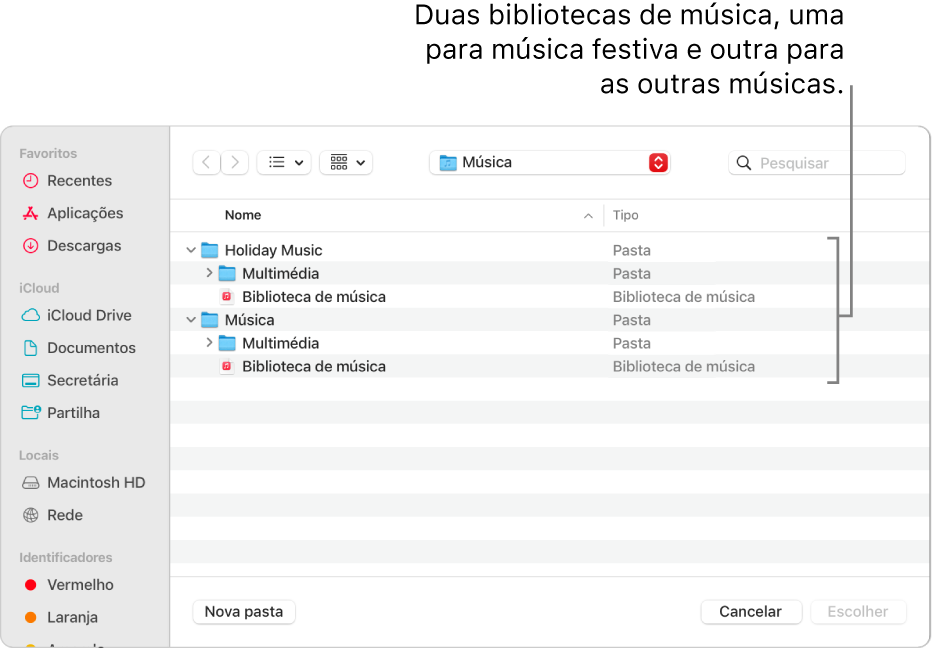 A janela do Finder a mostrar várias bibliotecas, uma para música para férias e outra para as restantes músicas.