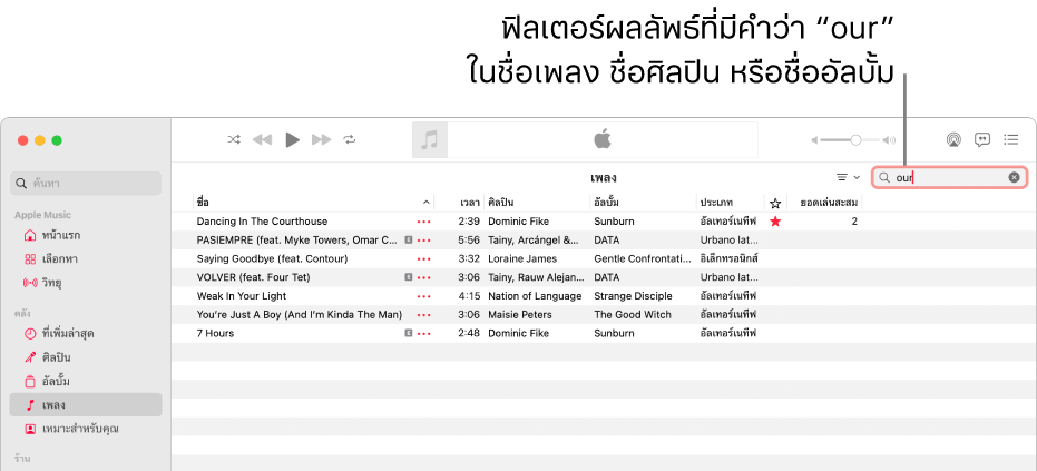 หน้าต่าง Apple Music ที่แสดงรายการเพลงที่แสดงขึ้นเมื่อป้อนคำว่า “รัก” ในช่องฟิลเตอร์ที่มุมขวาบนสุด เพลงในรายการมีคำว่า “รัก” ในชื่อเพลง ศิลปิน หรืออัลบั้ม