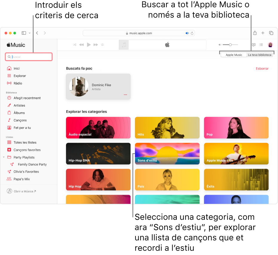 Finestra de l’Apple Music que mostra el camp de cerca a l’angle superior esquerre, la llista de categories al centre de la finestra, i l’Apple Music o la teva biblioteca disponible a l’angle superior dret. Introdueix els criteris de cerca al camp de cerca i, aleshores, selecciona l’opció per fer la cerca a tot l’Apple Music o només a la teva biblioteca. També pots triar una categoria, com ritmes estiuencs, per veure una llista de cançons que evoquin l’estiu.