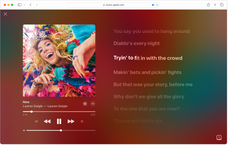 The Full Screen Player with a song playing and lyrics on the right, which appear on-screen in time with the music.