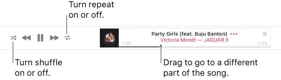 The top of Apple Music with a song playing. The playback controls are at the far left. The Shuffle button is to the left of the playback controls and the Repeat button is to the right of the controls. Drag the playhead to go to a different part of the song.