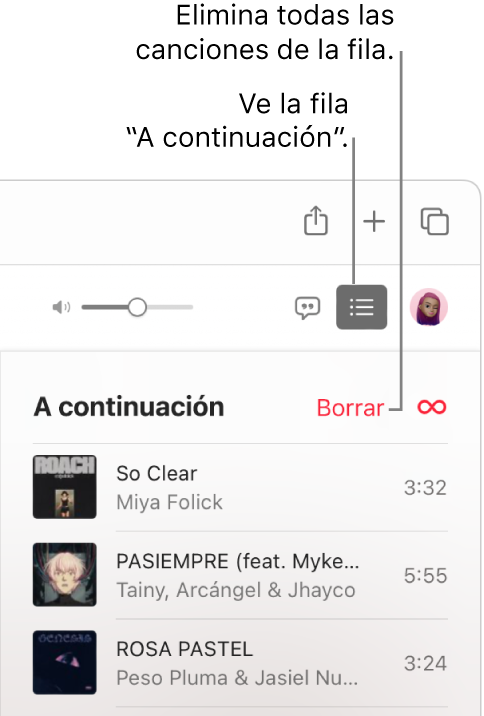 El botón A continuación en la esquina superior derecha de Apple Music está seleccionado y la fila A continuación está visible. Haz clic en el enlace Borrar en la parte superior de la lista para eliminar todas las canciones de la fila.