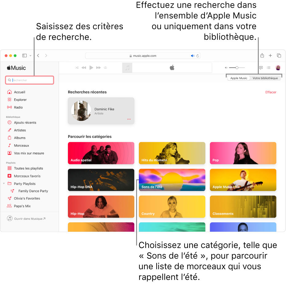 La fenêtre Apple Music, avec le champ de recherche dans le coin supérieur gauche, la liste de catégories au centre de la fenêtre et « Apple Music » ou « Votre bibliothèque » disponibles dans le coin supérieur droit. Saisissez des critères de recherche dans le champ de recherche, puis choisissez d’effectuer la recherche dans tout Apple Music ou seulement dans votre bibliothèque. Choisissez au besoin une catégorie, comme « Sons de lʼété », pour parcourir une liste de morceaux qui rappellent l’été.