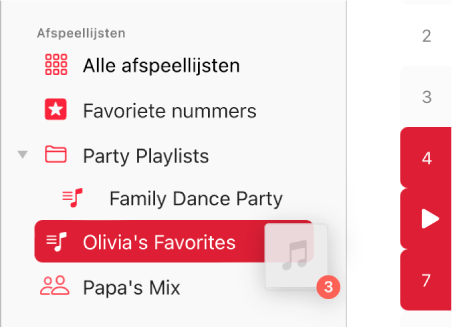 Nummers die naar een afspeellijst worden gesleept. De afspeellijst is gemarkeerd.