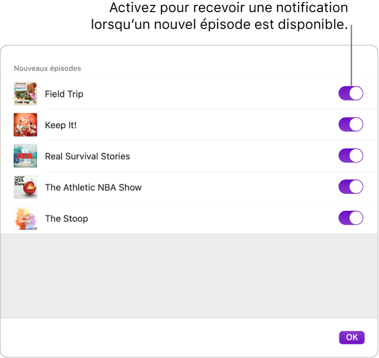 Les options Notifications. Cliquez sur l’interrupteur pour recevoir une notification quand un nouvel épisode devient disponible.