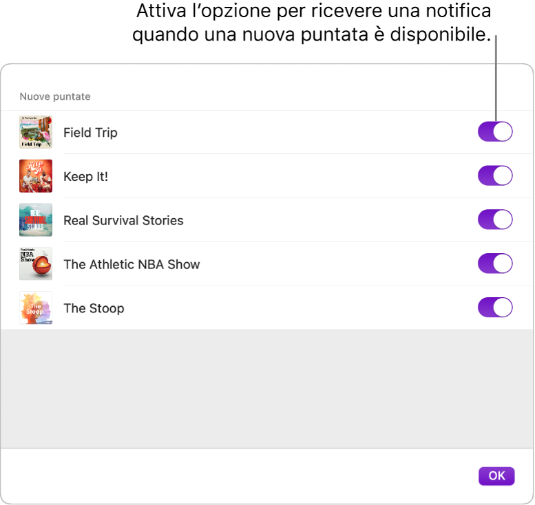 Le opzioni Notifiche. Fai clic sull’interruttore per ricevere una notifica quando è disponibile una nuova puntata.