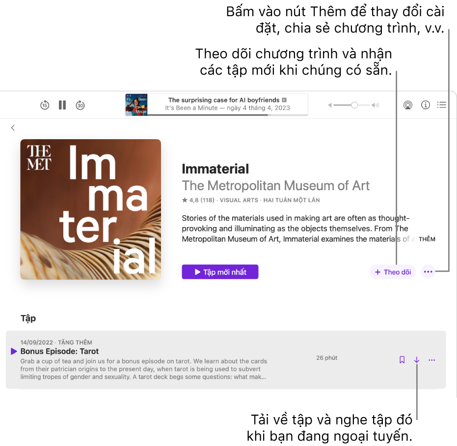 Một trang thông tin cho một podcast, đang hiển thị các nút Theo dõi, Thêm và Tải về.