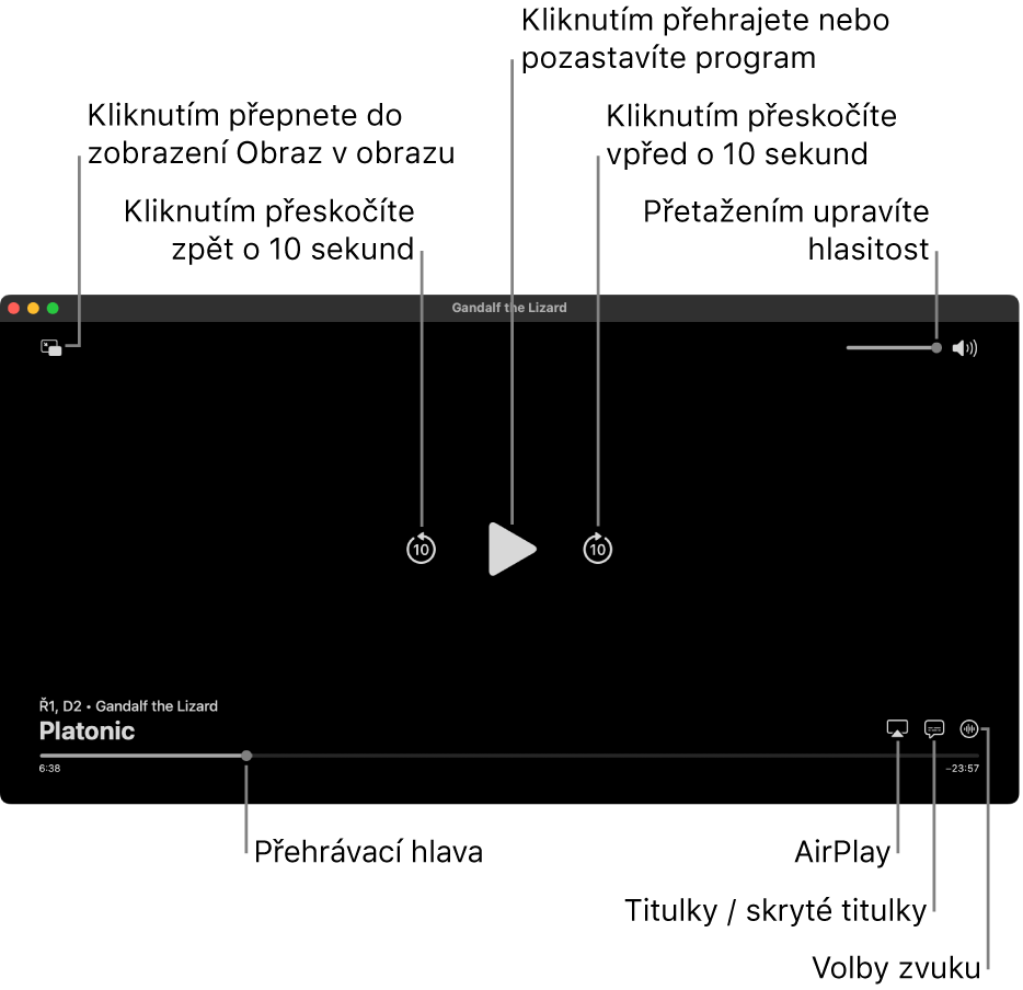 Ovládací prvky pro přehrávání v prohlížeči včetně tlačítek, pomocí nichž lze přehrávat, pozastavovat, přeskakovat položky vpřed nebo vzad nebo upravit hlasitost