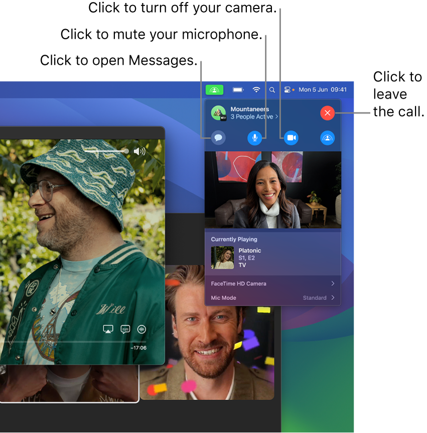 SharePlay controls shown in the Menu bar including buttons to open the Messages app, mute your microphone, turn off your camera and leave the call