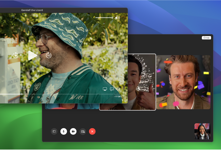 Переглядач Apple TV, а позаду вікно програми FaceTime.