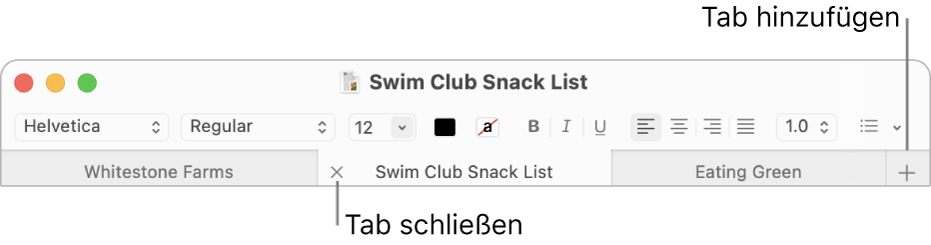 TextEdit-Fenster mit drei Tabs in der Tableiste (unter der Format-Leiste) In einem Tab wird die Taste „Schließen“ angezeigt. Die Taste „Hinzufügen“ befindet sich am rechten Ende der Tableiste.