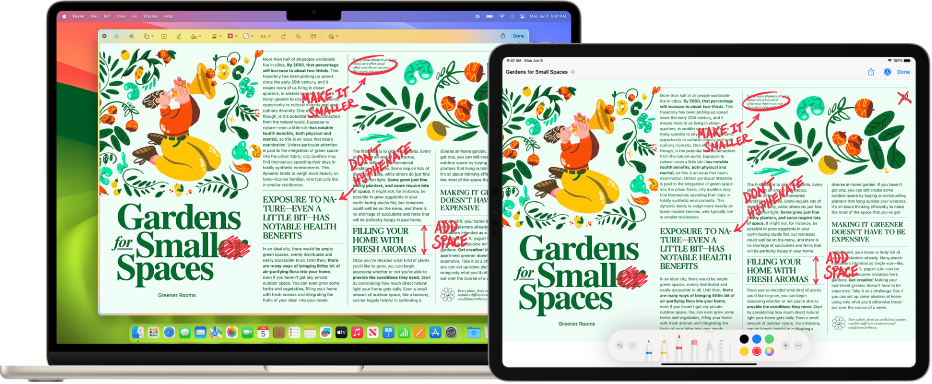 A MacBook Air and an iPad sitting side by side. Both screens display an article covered in scribbled red edits, such as crossed out sentences, arrows, and added words. The iPad also has mark up controls at the bottom of the screen.