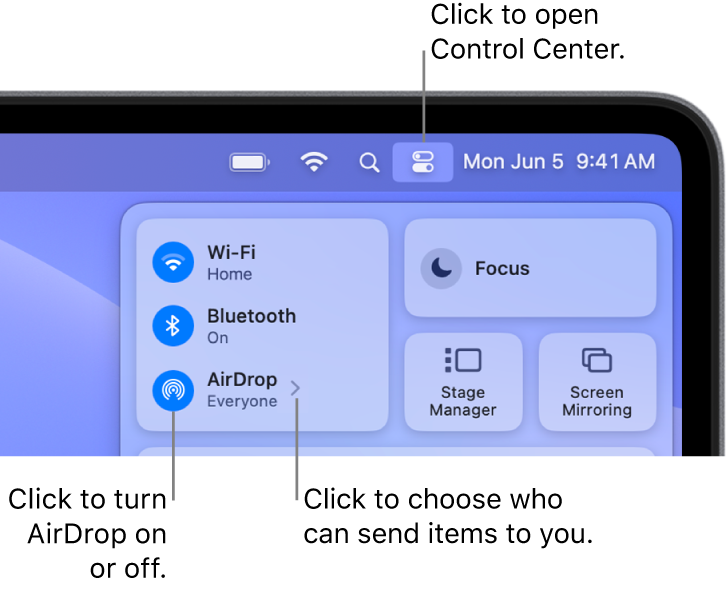 A Control Center window showing the controls to turn AirDrop on or off and choose who can send items to you.