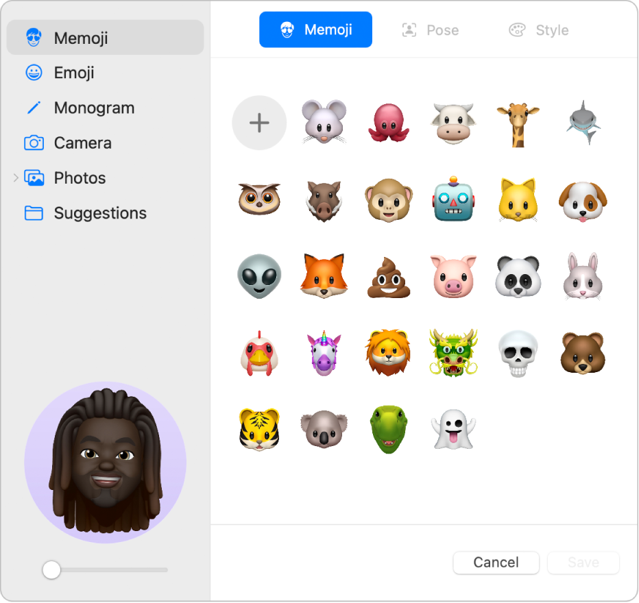 Apple ID ‑kuvan asetukset. Sivupalkissa on kuvavaihtoehtojen luettelo, jossa on muun muassa memoji, monogrammi ja kuvia. Memoji on valittuna, ja käyttäjälle näytetään memojiruudukko.