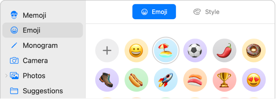 Apple ID ‑kuvan asetukset, joissa sivupalkissa on valittuna emoji ja käyttäjälle näytetään erilaisia emojeja.