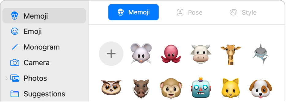 Apple ID ‑kuvan asetukset, joissa sivupalkissa on valittuna Memoji ja käyttäjälle näytetään erilaisia memojeja.