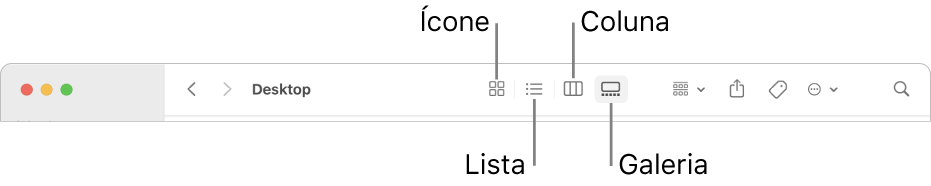 Parte superior de uma janela do Finder mostrando os botões de opções de visualização para uma pasta.