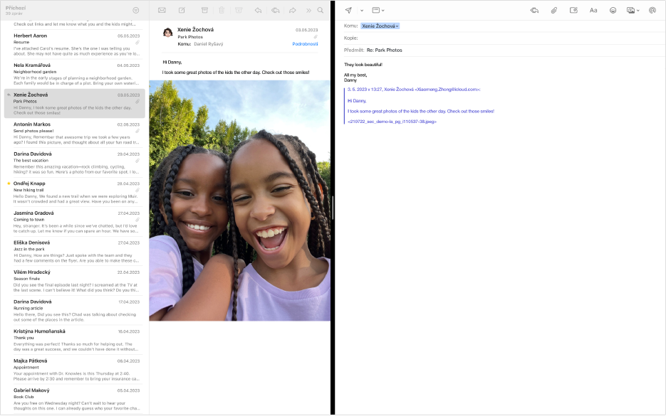 Podokno se seznamem zpráv zobrazené vedle podokna pro vytvoření nové zprávy v rozděleném zobrazení