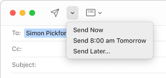 A menu in the message window showing different options for sending an email — Send Now, Send 8:00 am Tomorrow and Send Later.