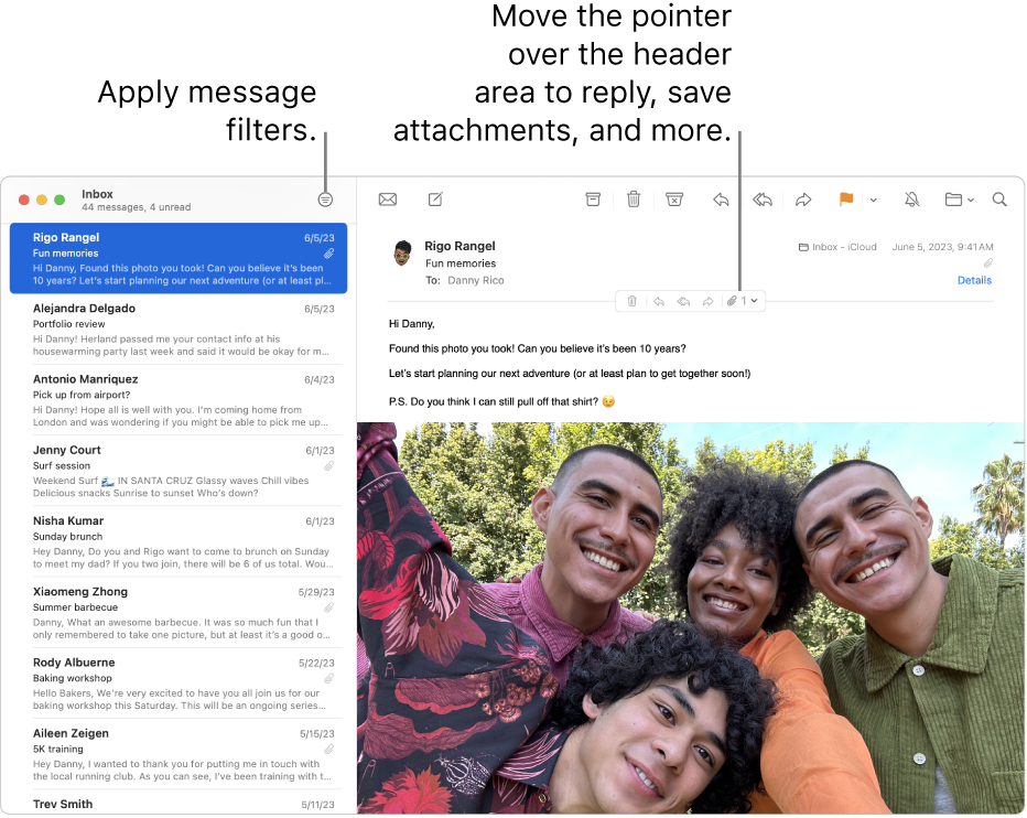 The Mail window. Click the Filter button in the toolbar to apply message filters. To reveal buttons for replying, saving attachments, and more, move the pointer over the header area of a message.