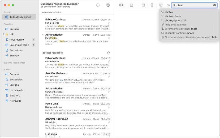 Una ventana de Mail mostrando los resultados de una búsqueda.
