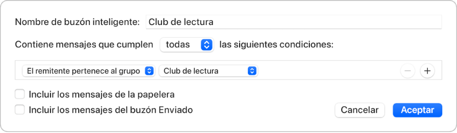 La ventana del grupo inteligente con los criterios de un grupo llamado “Club de lectura”. El grupo tiene dos condiciones. La primera condición es “El remitente pertenece al grupo”. La segunda condición es “Club de lectura”.