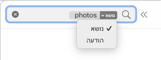 מסנן חיפוש שלחיצה על החץ כלפי מטה שלו מציגה שתי אפשרויות: ״נושא״ ו״ההודעה בשלמותה״. האפשרות שנבחרה היא ״נושא״.