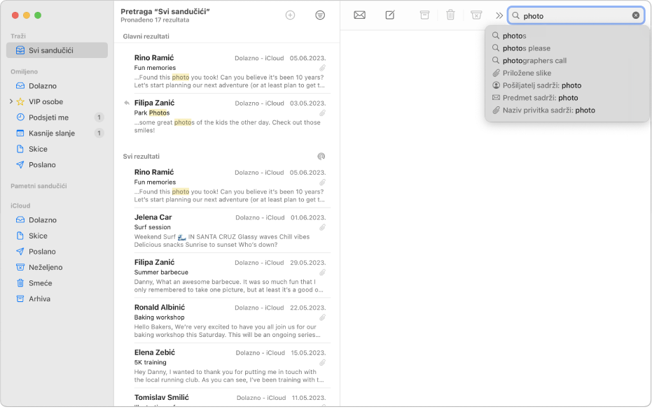 Prozor pošte s prikazom rezultata pretraživanja.