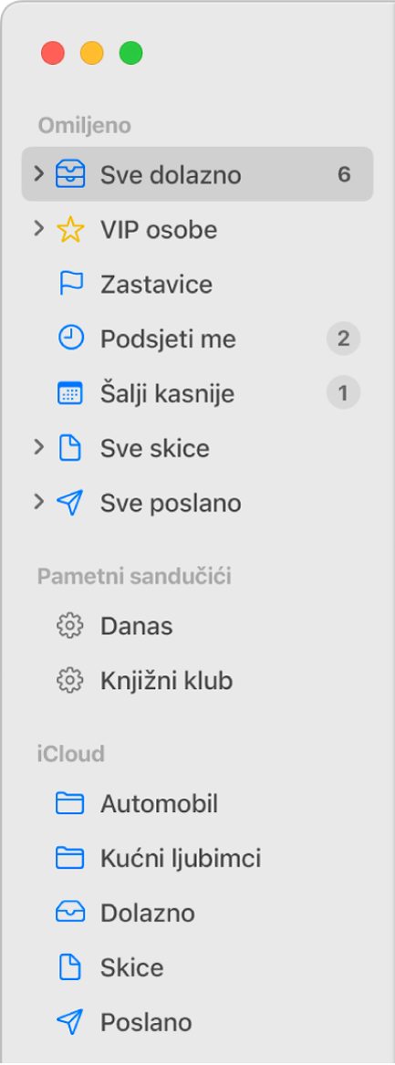 Rubni stupac aplikacije Mail koji prikazuje standardne sandučiće (kao što su Dolazna pošta i Skice) na vrhu rubnog stupca, i sandučiće koje ste izradili u odjeljku Na mom Mac računalu te u odjeljku iCloud.