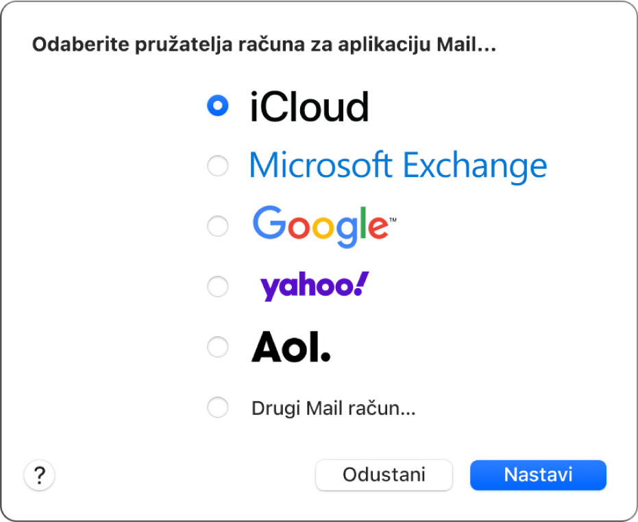 Prozor Maila koji prikazuje dijaloški okvir računa.