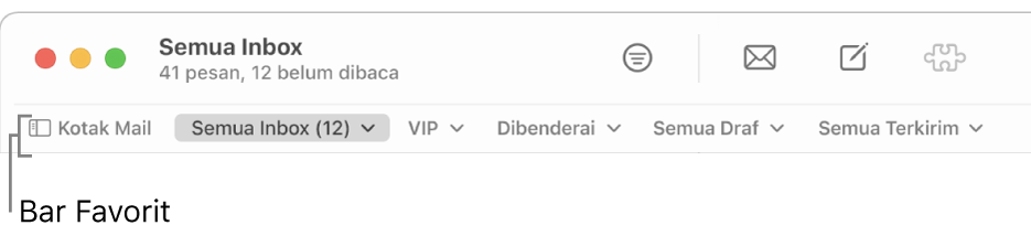Bar Favorit menampilkan tombol Kotak Mail dan tombol untuk mengakses kotak mail favorit, seperti VIP dan Dibenderai.
