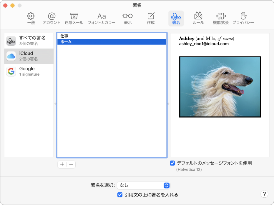 「メール」の「署名」設定パネル。書式設定されたテキストと画像を含む署名が表示されています。
