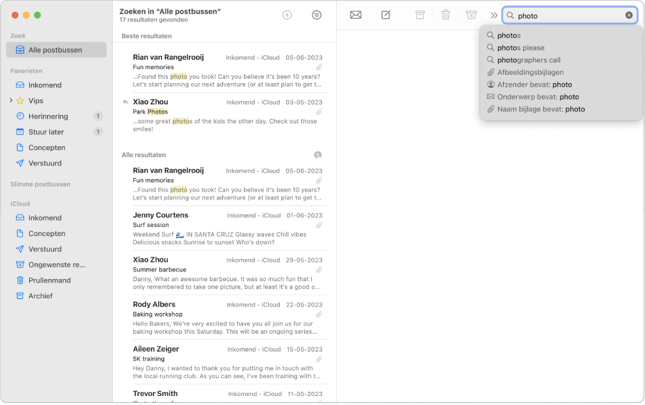 Een Mail-venster met de resultaten van een zoekopdracht.