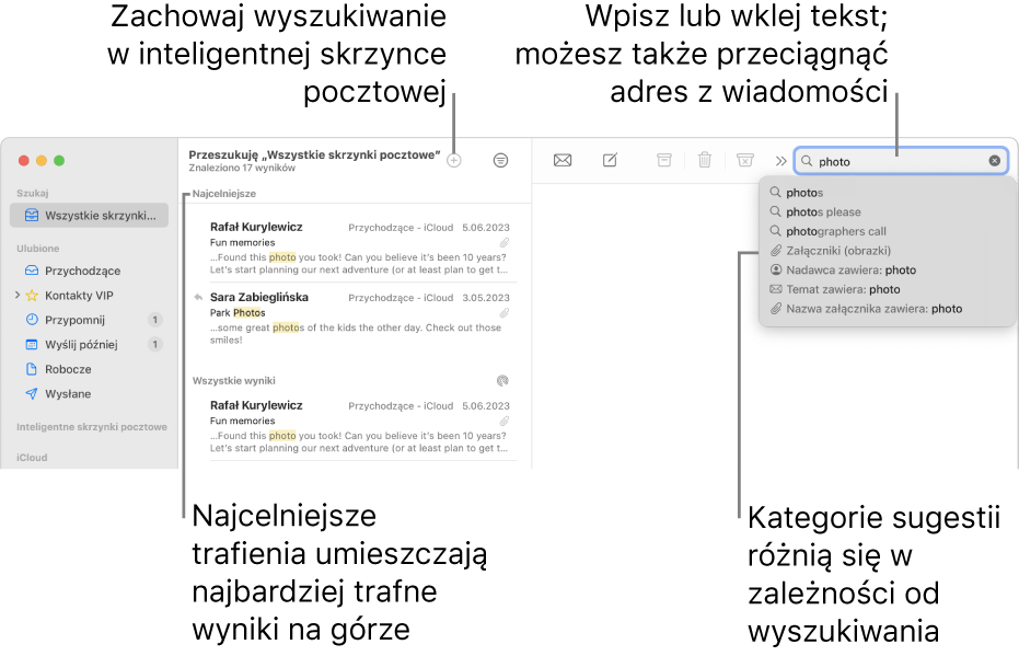 Przeszukiwana skrzynka pocztowa jest wyróżniona na pasku szukania. Aby szukać w innej skrzynce pocztowej, kliknij w jej nazwę. Możesz wpisać lub wkleić tekst w polu szukania lub przeciągnąć adres email z wiadomości. Kolejne propozycje będą się pojawiały poniżej na bieżąco. Są zgrupowane w kategoriach, takich jak Temat lub Załączniki, w zależności od szukanego tekstu. Funkcja Najcelniejsze trafienia umieszcza najbardziej istotne wyniki na samej górze.