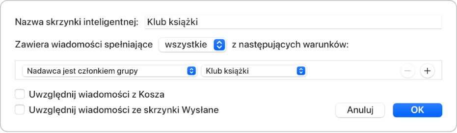 Okno inteligentnej skrzynki pocztowej z pokazanymi kryteriami dla grupy o nazwie Klub książkowy. Grupę definiują dwa warunki. Pierwszy warunek to „Nadawca jest członkiem grupy”. Drugi warunek to „Klub książkowy”.