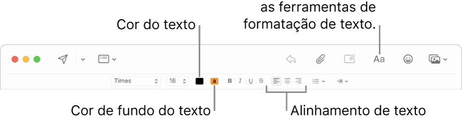 A barra de ferramentas e a barra de formatação numa janela de nova mensagem, a indicar os botões de cor do texto, cor de fundo do texto e alinhamento de texto.