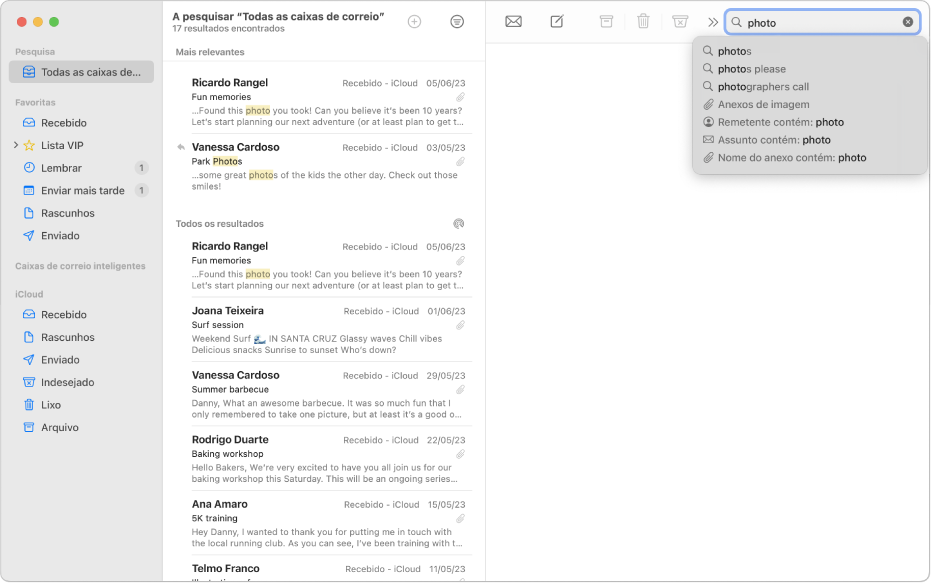 Uma janela do Mail com os resultados de uma pesquisa.