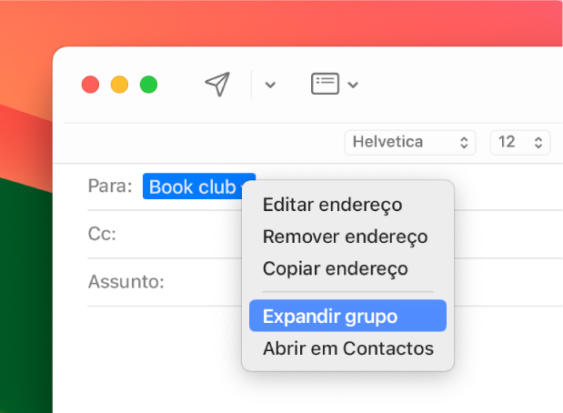 Uma mensagem de e-mail com uma lista no campo “Para” e o menu pop-up a mostrar o comando “Expandir grupo”.