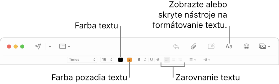 Panel s nástrojmi a panel formátovania v okne novej správy označujúci farbu textu, farbu pozadia textu a tlačidlá zarovnania textu.