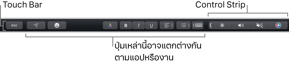 Touch Bar ที่อยู่ตามด้านบนสุดของแป้นพิมพ์ โดยแสดง Control Strip ที่ยุบอยู่ทางด้านขวา และปุ่มที่แตกต่างกันไปตามแอปหรืองาน