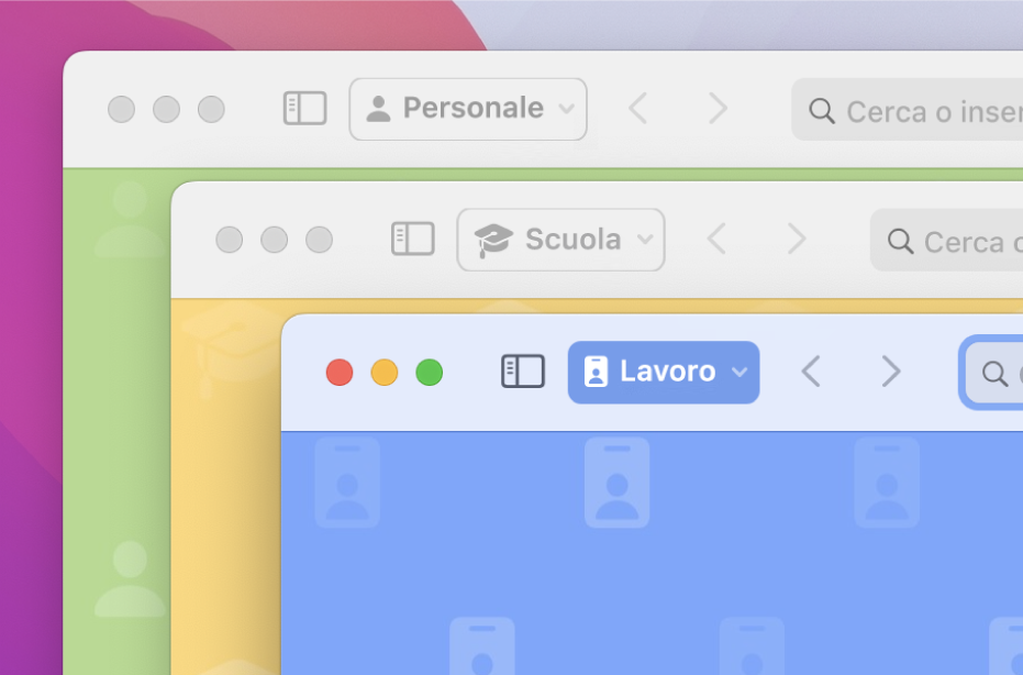 Le finestre di tre profili in Safari: uno per l’uso personale, uno per la scuola e uno per il lavoro.