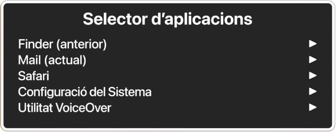 El selector d’apps que mostra cinc aplicacions obertes, inclòs el Finder i la configuració del sistema. A la dreta de cada ítem de la llista hi ha una fletxa.